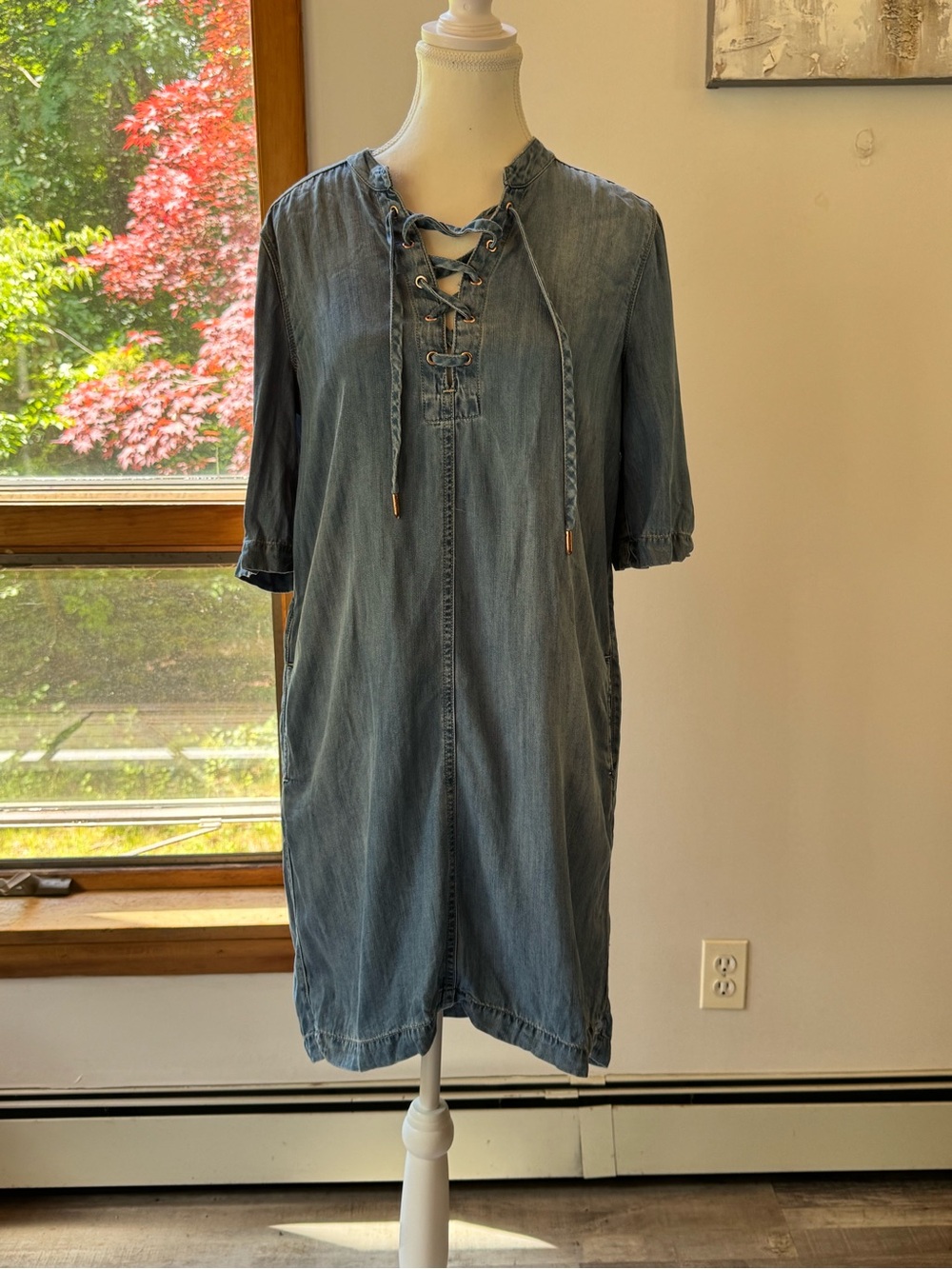 Calvin Klein Jeans Denim Lace-Up Shift Dress in Washed Blue
